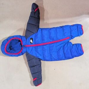 Nike Baby Puffer Snowsuit 3 Month Blue, Navy And Red Fleece Lined Zip Up Bunting